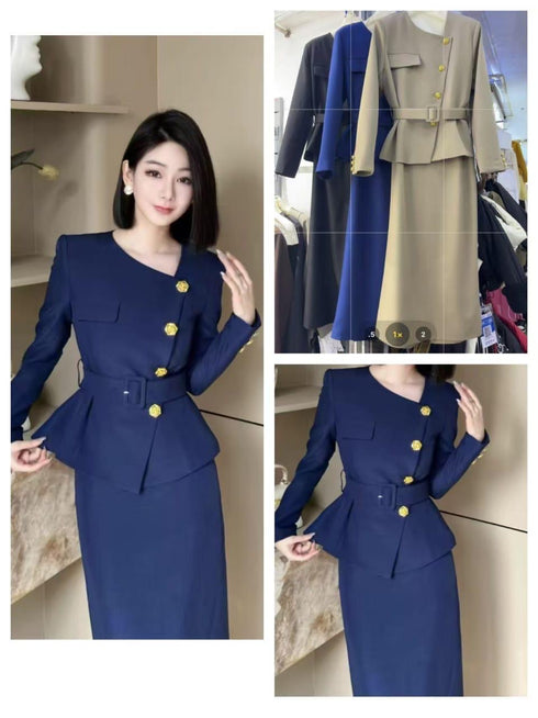 Asymmetrical Button Down Blazer With Belt and Skirts Sets